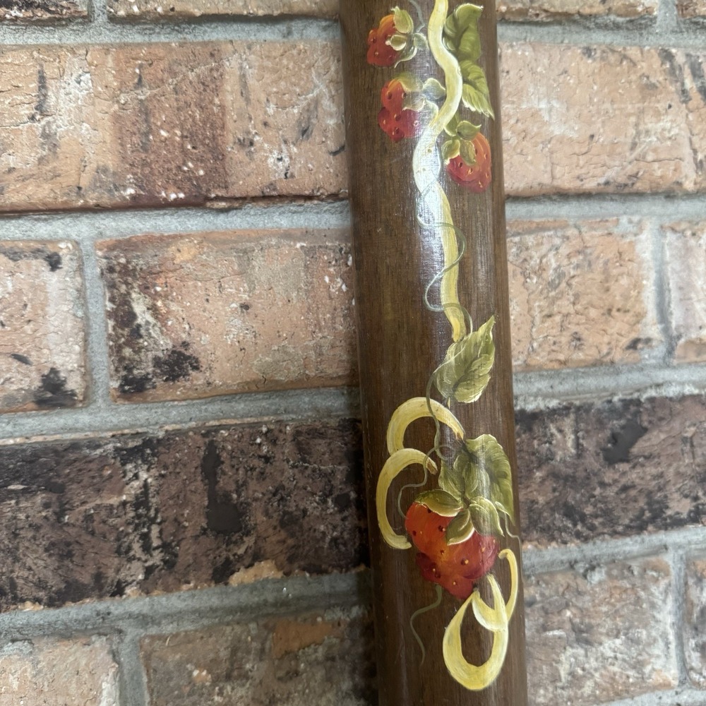 Primitive Hand Painted Wooden Rolling Pin Wall Hanging – Folk Art Strawberries - Picture 6 of 10